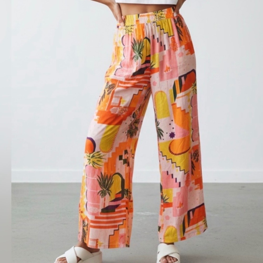 New Haute Hippie Tropical Print Drawstring Pants Pink Orange Yellow Palm Tree XL